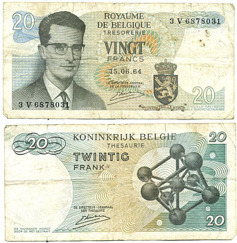 Бельгия 20 франков 1964 Бодуэн I, атомиум, Kestens Pick 138 (3) бумага 6301-35-1