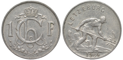 Люксембург 1 франк 1964 сталевар KM 46.2 медно-никель 4143-112