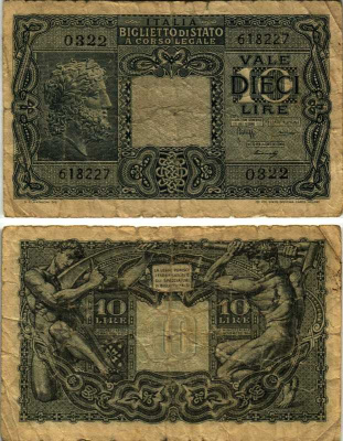 Италия 10 лир 1944 Pick 32c, Grapanzano BS 49 бумага 7484-4-1