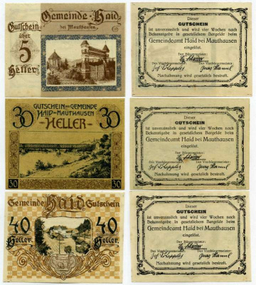 Австрия, Маутхаузен набор из 3 банкнот 5, 30, 40 геллеров ND нотгельд, ярмарочная коммуна в земле Верхняя Австрия   бумага  аUNC  7555-25-4-2