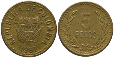Колумбия 5 песо 1991 KM 280 алюминиевая бронза 4528-1152