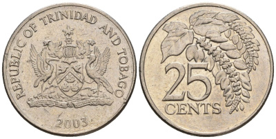 Тринидад и Тобаго 25 центов 2003 цветок дикая пуансеттия KM 32, Schoen 31 медно-никель 4118-344