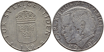 Швеция 1 крона 1982 Карл XVI Густав (1973- ) KM 852a медно-никель 4397-1053