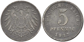 ГЕРМАНИЯ 5 ПФЕННИГОВ 1917 J KM 19, J. 297 железо 105-347