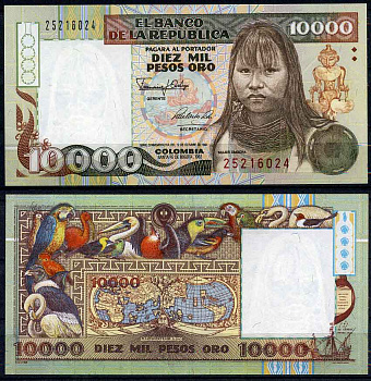 Колумбия 10000 песо 1992 El Banco de la Republica, 12 октября 1992, женщина Эмбера, карта земного нара 1507 года, птицы Pick 437 бумага UNC (пресс) 451-542-1