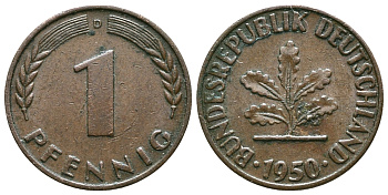 ФРГ 1 пфенниг 1950 D KM 105, J.380 сталь плакированная медью 54-1037