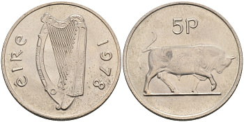 Ирландия 5 пенсов 1978 бык KM 22 медно-никель 4561-1155