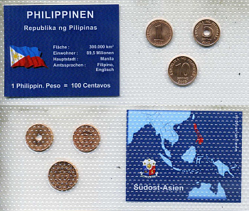 Филиппины набор из 3 монет (1, 5 и 10 сентимо) 2002 и 2005 в красочном блистер, в запайке KM 273, 268 и 270 UNC 4-3-2-58