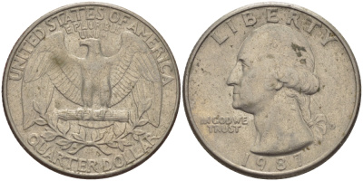 США 25 ЦЕНТОВ = КВОТЕР 1987 D, ВАШИНГТОН KM А164а медь плакированная медно-никелем 31-751