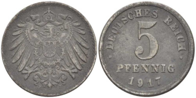 ГЕРМАНИЯ 5 ПФЕННИГОВ 1917 J KM 19, J. 297 железо 105-347