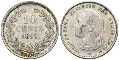 НИДЕРЛАНДЫ 10 ЦЕНТОВ 1897 ВИЛЬГЕЛЬМИНА I (1890-1948), ПРОБА 640 KM 116 серебро VF 4549-1037