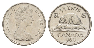 Канада 5 центов 1968 Елизавета II (1952-2022), бобр KM 60.1 никель 4639-451