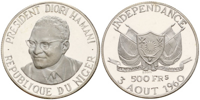 Нигер 500 франков 1960 ESSAI, президент Амани Диори (Hamani Diori), независимость KM E5 серебро PROOF 00-00