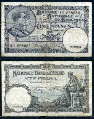 Бельгия 5 франков 1938 15.04.1938, Король Альберт I и его жена Королева Елизавета, Гран-Плас / Гроте Маркт, Брюссель Pick 108 a бумага 6301-23-3-2
