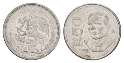 Мексика 50 песо 1988 Mo, новый тип, гурт гладкий KM 495a нержавеющая сталь aUNC 4637-747