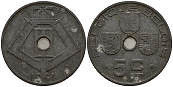 Бельгия 5 сантимов 1941 Belgique - Belgie KM 123 цинк 4189-754