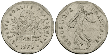 Франция 2 франка 1979 сеятель KM 942.1, Le Franc 272.3 никель 4120-1043
