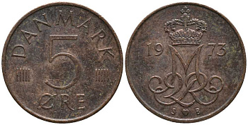 Дания 5 эре 1973 S; B, Маргрете II (1972- ) KM 859.1 железо плакированное медью 116-113