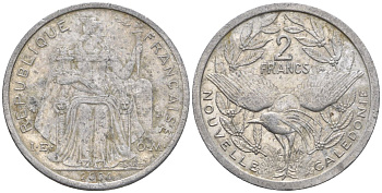 Французская Новая Каледония 2 франка 2004 птица кагу, (IEOM) KM 14, Schoen 11, Lec 68i алюминий    25-1612