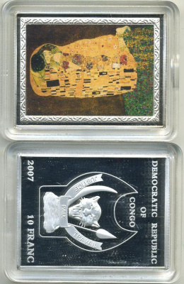 Конго 10 франков 2007 серия шедевры мировой живописи, Густав Климт, Поцелуй, серебрение, размер 35Х46 мм., цветная эмаль медно-никель PROOF 1066-14-23