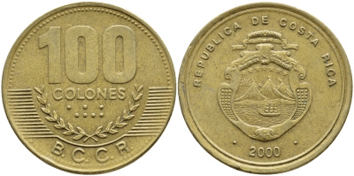 КОСТА-РИКА 100 КОЛОН 2000 B.C.C.R. KM 240 латунь 59-322