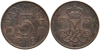 Дания 5 эре 1973 S; B, Маргрете II (1972- ) KM 859.1 железо плакированное медью 116-113