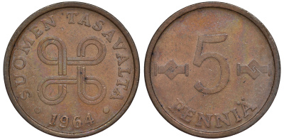 ФИНЛЯНДИЯ 5 ПЕННИ 1964 KM 45 медь 3334-1046