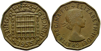 Великобритания 3 пенса 1955 Елизавета II (1952-2022) KM 900, Spink 4153 никель латунь 4393-1146
