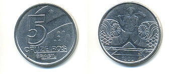Бразилия 5 крузейро 1990 фермер KM 618.1 нержавеющая сталь aUNC 93-627
