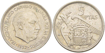 ИСПАНИЯ 5 ПЕСЕТ 1957 (70) ФРАНСИСКО ФРАНКО ДИКТАТОР ИСПАНИИ (1939-1975) KM 786 медно-никель 210-1121