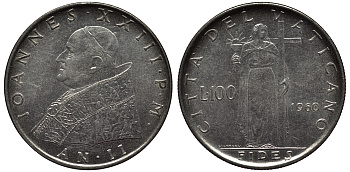 ВАТИКАН 100 ЛИР 1960 KM 64.2 сталь 55-145