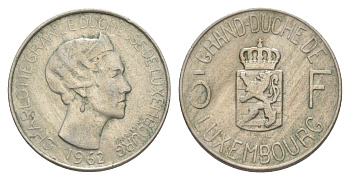 Люксембург 5 франков 1962 Шарлотта (1918-1964) KM 51 медно-никель 4641-951