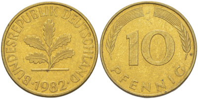 ФРГ 10 ПФЕННИГОВ 1982 J KM 108, J. 383 сталь плакированная латунью 4182-933