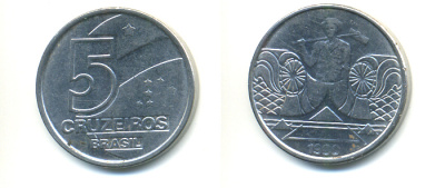 Бразилия 5 крузейро 1990 фермер KM 618.1 нержавеющая сталь aUNC 93-627