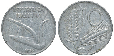 ИТАЛИЯ 10 ЛИР 1955 R, КОЛОСЬЯ, ПЛУГ KM 93 алюминий 72-947
