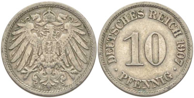 Германия 10 пфеннигов 1907 A KM 12, J. 13 медно-никель 210-646