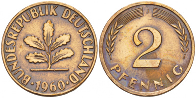 ФРГ 2 ПФЕННИГА 1960 J KM 106, J. 381 бронза 4532-1257