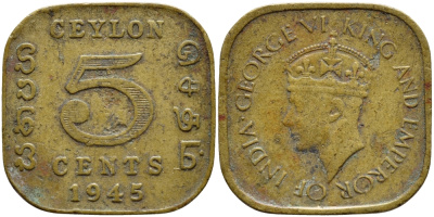 ЦЕЙЛОН 5 ЦЕНТОВ 1945 ГЕОРГ VI KM 113.2 никель латунь 4392-1369