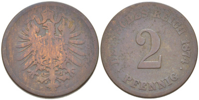 ГЕРМАНИЯ 2 ПФЕННИГА 1874 F, СТАРОГЕРБОВКА KM 2, J. 2, Weege 3 медь 4181-522