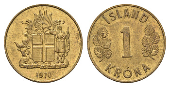 Исландия 1 крона 1970 KM 12a никель латунь aUNC 4691-447