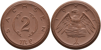 Саксония 2 марки 1921 J. N 56 фарфор 1094-2-35