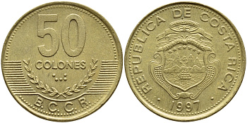 Коста-Рика 50 колонов 1997 B.C.C.R., год тип KM 231 латунь 3459-134