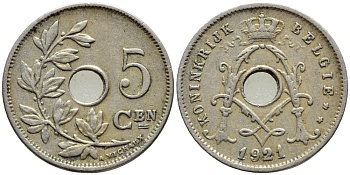 Бельгия 5 сантимов 1921/11 Belgie KM 67 медно-никель 4396-348