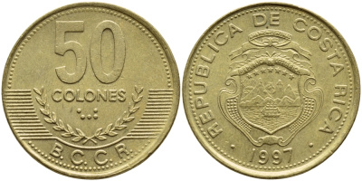 Коста-Рика 50 колонов 1997 B.C.C.R., год тип KM 231 латунь 3459-134
