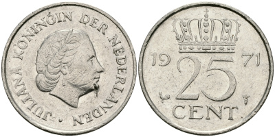 НИДЕРЛАНДЫ 25 ЦЕНТОВ 1971 ЮЛИАНА KM 183 никель 96-225