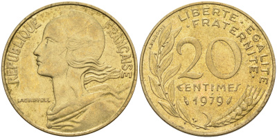 Франция 20 сантимов 1979 тип Марианна KM 930 медь алюминий никель 4116-533