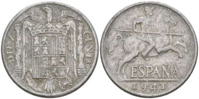 Испания 10 сентимо 1941 Франсиско Франко (1939 - 1975) KM 766 алюминий 4155-224