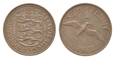 Гернси 1 новый пенни 1971 Елизавета II (1952-2022), северная олуша в полете KM 21 бронза 4702-745
