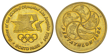США, Лос-Анджелес, Калифорния жетон Олмпиада 1984 - пятиборье 1984 Южнокалифорнийский округ скоростного транспорта (почти всегда называемый RTD или реже SCRTD), диаметр 32 мм, вес 10 гр латунь UNC 4645-1043