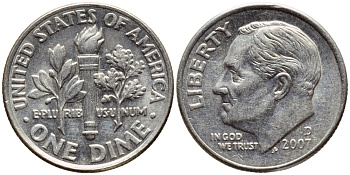 США 10 ЦЕНТОВ = 1 ДАЙМ 2007 D, РУЗВЕЛЬТ KM 195а медь плакированная медно-никелем 4396-444